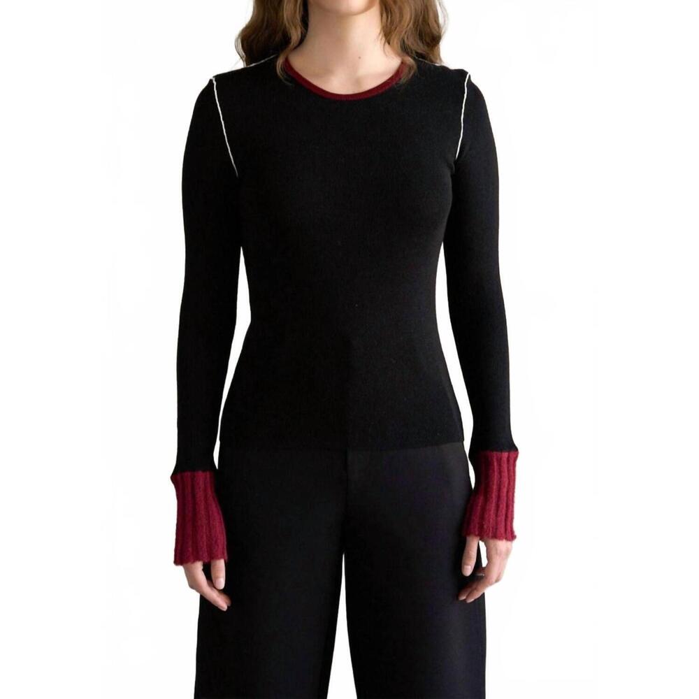 NEW ELLE GREY colorblock long sleeve knit sweater in black/red